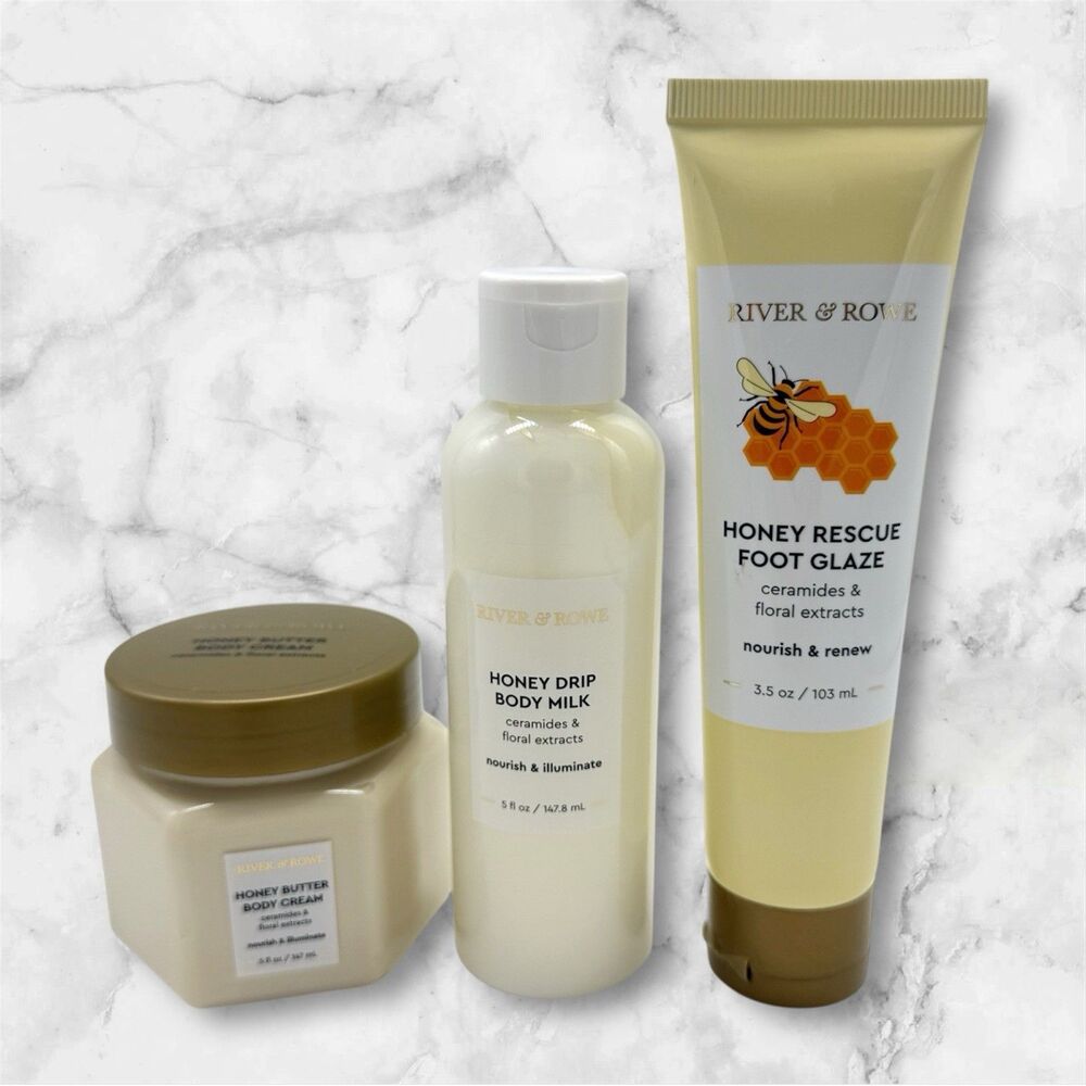 Set Of RIVER & ROWE HONEY RESCUE FOOT GLAZE, BUTTER BODY CREAM  & BODY MILK New!